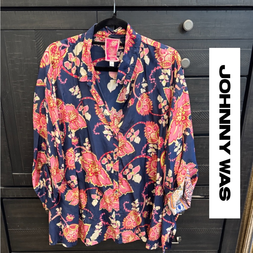 Johnny Was Silk Floral Blouse - Pink and Navy